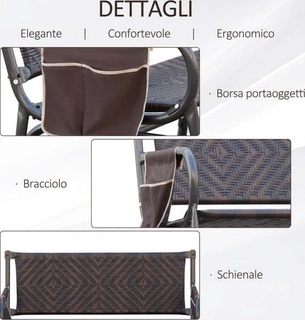 Panchina-a-Dondolo-da-Giardino-2-Posti-in-Rattan-e-Acciaio-con-Tasche-Laterali,-122x75x88cm-Marrone-e-Nero-867-076