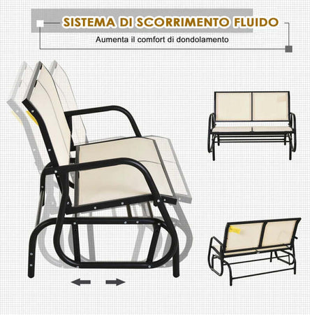 Panchina-a-Dondolo-da-Giardino-a-2-Posti-in-Metallo-e-Tessuto-Traspirante,-120x70x85cm,-Beige-84A-076CW