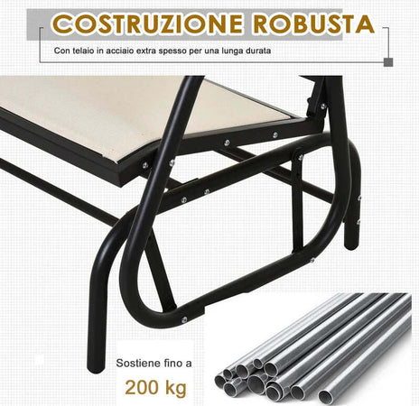Panchina-a-Dondolo-da-Giardino-a-2-Posti-in-Metallo-e-Tessuto-Traspirante,-120x70x85cm,-Beige-84A-076CW