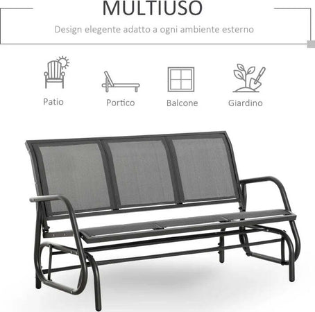 Panchina-a-Dondolo-da-Giardino-a-3-Posti-in-Metallo-e-Tessuto-a-Rete-Traspirante,-147x75x85cm,-Grigio-84B-531GY