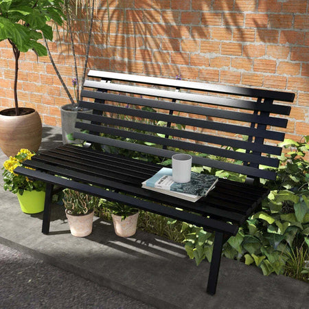 Panchina-da-Esterno-in-Alluminio-a-2-Posti-a-Doghe,-123x67x79cm,-Nero-84G-206V00BK