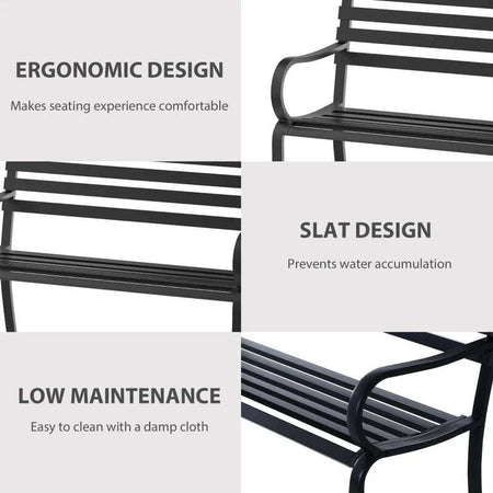 Panchina-da-Esterno-in-Metallo-Impermeabile-Nero,-Panca-da-Giardino-a-due-Posti,-127-x-62-x-82cm---Max-240kg--84B-010