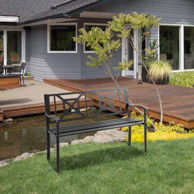 Panchina-da-Giardino-in-Acciaio-a-2-Posti-con-Schienale-Alto-e-Braccioli,-128x62.5x81.5-cm,-Nero-84B-749V01