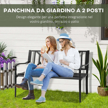 Panchina-da-Giardino-in-Acciaio-a-2-Posti-con-Schienale-Alto-e-Braccioli,-128x62.5x81.5-cm,-Nero-84B-749V01