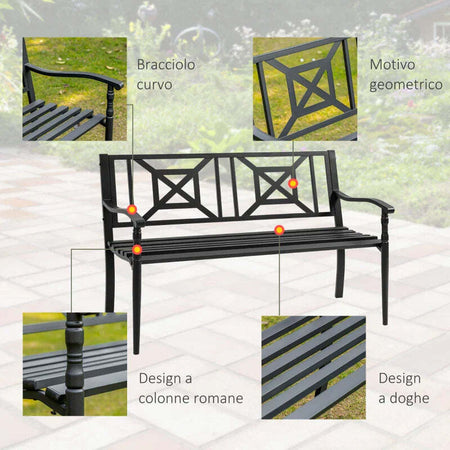Panchina-da-Giardino-in-Acciaio-a-2-Posti-con-Schienale-Alto-e-Braccioli,-128x62.5x81.5-cm,-Nero-84B-749V01