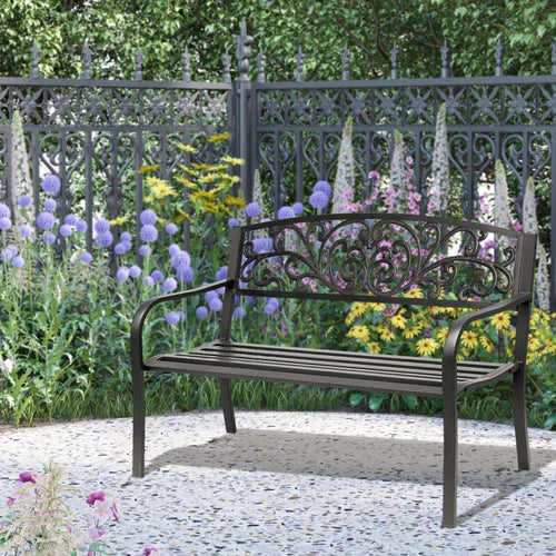 Panchina-da-Giardino-in-Metallo-con-Schienale-Decorato,-127x60x87cm---Nero-840-036
