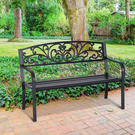 Panchina-da-Giardino-in-Metallo-con-Schienale-Decorato,-127x60x87cm---Nero-840-036