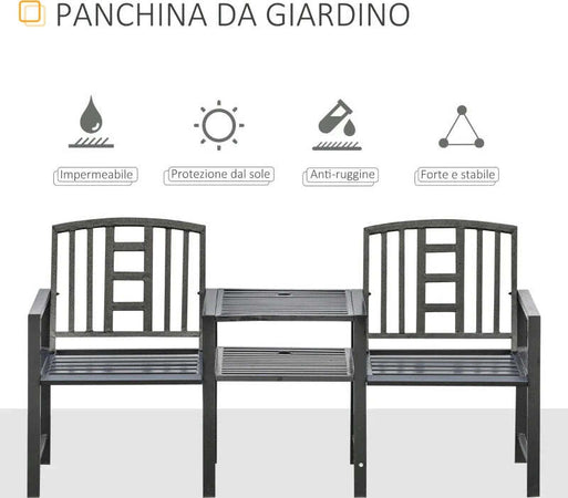 Panchina-da-Giardino-Moderna-2-Posti-con-Tavolino-e-Foro-per-Ombrellone-Arredamento-da-Esterno-165x56x85.5cm-Nero-84B-533