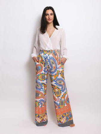 Pantaloni Donna Palazzo Fantasia Multicolore cashmere bianco Sikeluna