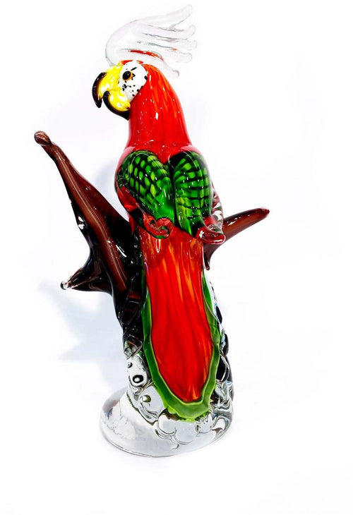 Pappagallo In Vetro Veneziano su Ramo con Ali Chiuse Prodotto 100% Vetro di Murano Fatto a Mano Pappagalli Rosso e Verde Arte Venezia Collezione Idea Regalo Natale
