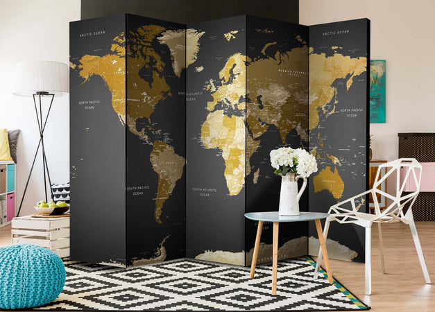 Paravento-Room-divider-World-map-on-dark-background