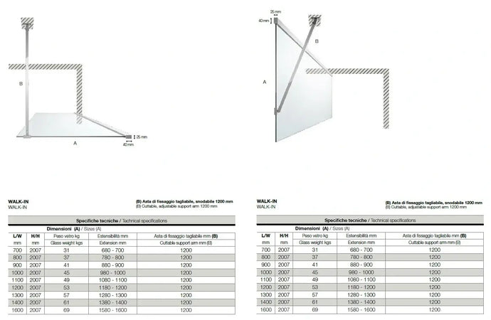 Parete Doccia Walk In H200 Anticalcare 8mm Trasparente