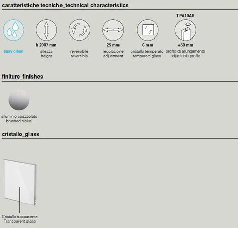 Parete Walk In Alluminio Spazzolato H200 Anticalcare 6mm Trasparente