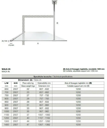 Parete Walk In Profili Neri H200 Anticalcare 6mm Trasparente