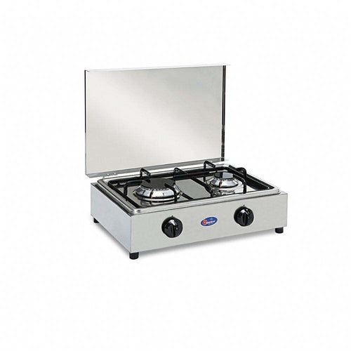 Parker Fornello 2 fuochi a gas GPL/METANO in acciaio inox con piano estraibile corrredato di piastra in alluminio