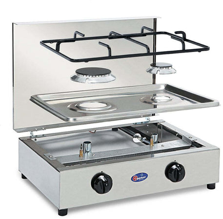 Parker Fornello 2 fuochi a gas GPL/METANO in acciaio inox con piano estraibile corrredato di piastra in alluminio