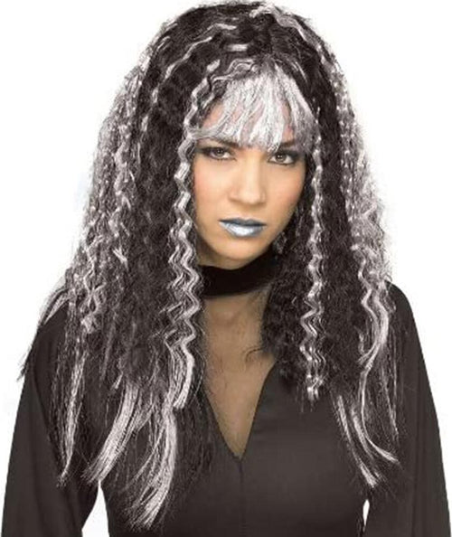 Parrucca-Strega-Vampira-Capelli-Frisee-Bianco-Nero-Costume-Carnevale-Halloween