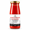 A glass jar of puggghia passata di pomodoro alla casalinga 400 g with gold lid and white label with red text