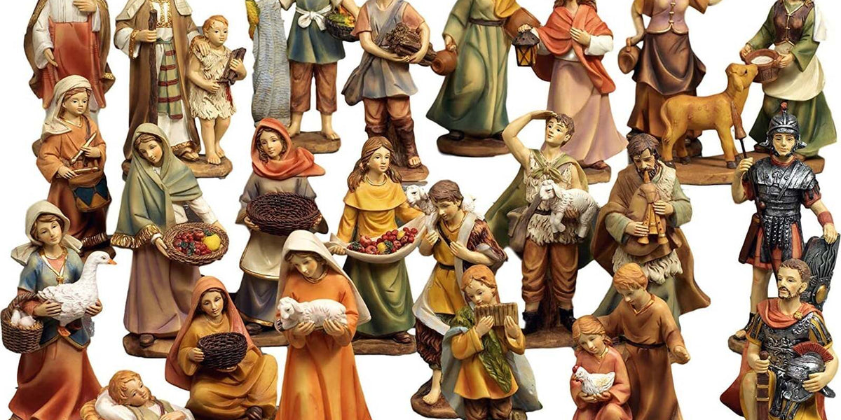 Pastorelli per presepe in poliresina con animali, doni e mestieri 23 s