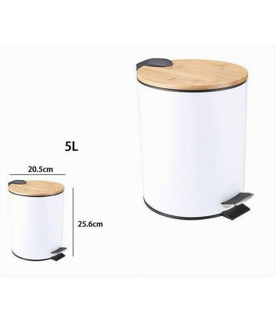 Pattumiera Acciaio A Pedale 5 Litri Bidone Cestino Spazzatura Bianco Legno 87456