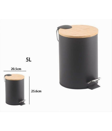 Pattumiera Acciaio A Pedale 5 Litri Bidone Cestino Spazzatura Nero Legno 87458