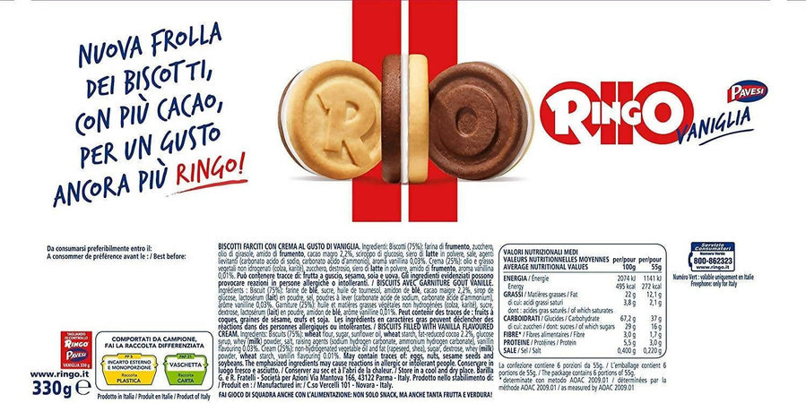 Pavesi 21x Ringo Vaniglia Expo Biscotti Snack 55gr Confezione Da 2 Pezzi Alimentari e cura della casa/Pasticceria e prodotti da forno/Biscotti/Al cioccolato Franco Pausa Caffè - Albano Laziale, Commerciovirtuoso.it