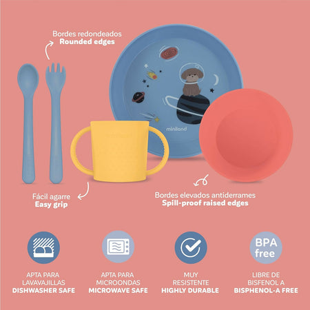 MINILAND Learning tableware Dream - set pappa educativo - bicchiere con manici, piatto piano, ciotola piatto fondo, posate - esploratore