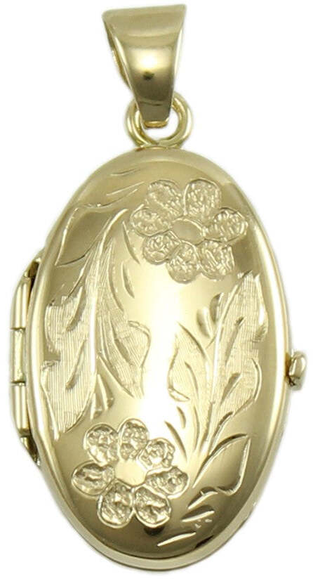 Pendente Donna Ciondolo Portafoto in Oro Giallo 18 Ct Decorato Ciondolo per Collane Apribile Decorazione Floreale 23 Mm X 16 Mm