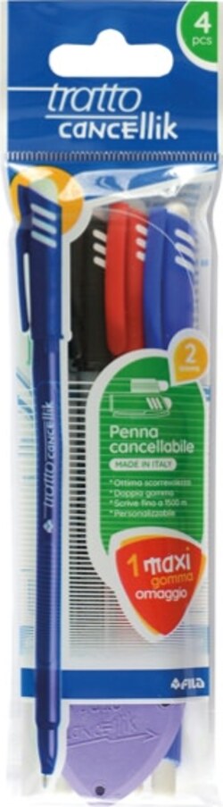 Penna a sfera cancellabile Cancellik - punta 1 0mm - colori assortiti - Tratto - conf. 4 pezzi Cancelleria e prodotti per ufficio/Penne matite scrittura e correzione/Penne e ricariche/Penne roller a inchiostro gel Eurocartuccia - Pavullo, Commerciovirtuoso.it