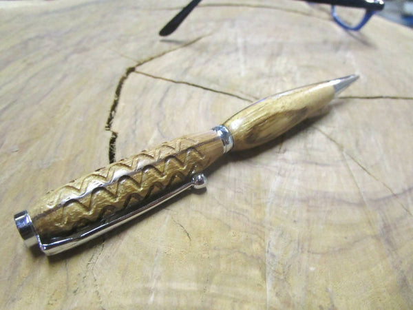 Penna In Legno Di Zebrano, Modello Slime Line Cromo Con Intagli Zigrinati Fiartwood