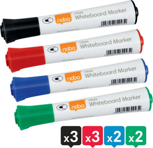 Pennarelli Glide per lavagne bianche - punta tonda - colori assortiti - Nobo - astuccio 10 pezzi Cancelleria e prodotti per ufficio/Archivio ufficio e accessori per scrivania/Lavagne e bacheche/Cancellini per lavagna Eurocartuccia - Pavullo, Commerciovirtuoso.it