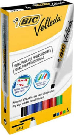 Pennarello Whiteboard Marker Velleda 1791 - punta a scalpello da 3 3 a 4 6mm - astuccio 4 colori - Bic Cancelleria e prodotti per ufficio/Penne matite scrittura e correzione/Marcatori ed evidenziatori/Marcatori cancellabili a secco e liquidi Eurocartuccia - Pavullo, Commerciovirtuoso.it