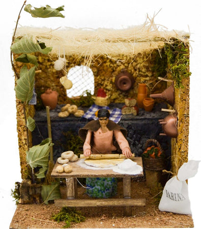 Personaggio-Impastatrice-mestieri-per-presepe-in-movimento-in-legno-e-sughero-decorazione-di-Natale