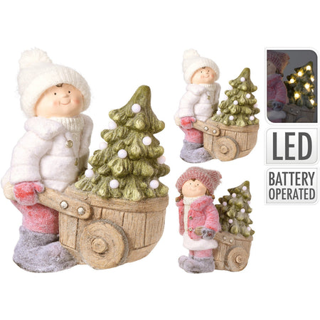 Bimbo con cappello in lana h 43 decorazione natalizia in poli resina con led
