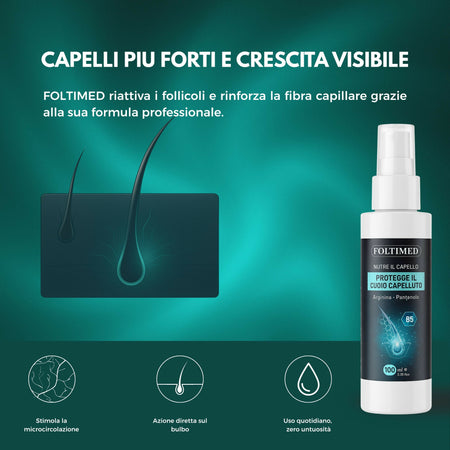 Spray Anticaduta Capelli con Vitamina B5 – Trattamento Rinforzante e Stimolante per la Crescita | Riduce la Fragilità e Protegge il Cuoio Capelluto | Foltimed 100ml