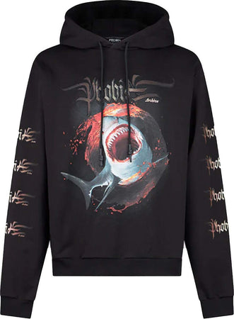 PHOBIA-Felpa-Leggera-Cappuccio-Uomo-Shark-Print-Hoodie-Black-da-uomo
