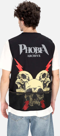 PHOBIA-Smanicato-Uomo-Screaming-Skull-Print-Worker-Gilet-Black-da-uomo