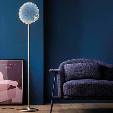 Piantana-Contemporanea-Horo-Metallo-Ottone-Vetro-Azzurro-Led-14,4W
