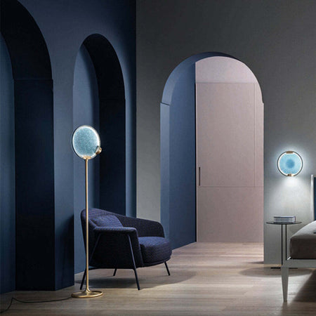 Piantana-Contemporanea-Horo-Metallo-Ottone-Vetro-Azzurro-Led-14,4W