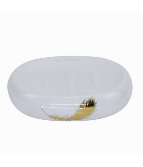 Piattino Per Sapone In Ceramica Bianca Con Piuma Oro Portasaponetta Bagno 59896