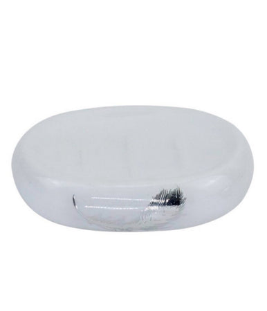 Piattino Per Sapone Saponetta Ceramica Bianca Decorato Piuma Argento Bagno 59900