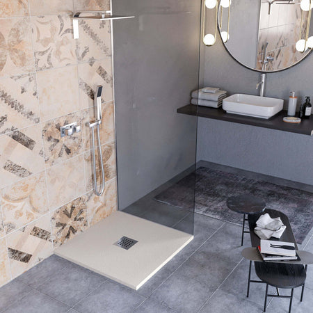 Piatto-Doccia-Mineralmarmo-effetto-pietra-made-in-Italy-scarico-centrale-colore-Crema-modello-AMALFI