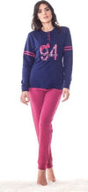Pigiama-Da-Donna-Ragazza-In-Cotone-Maglia-Blu-E-Pantalone-Cherry-Lungo-Sd33-Tg.