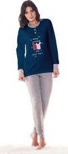 Pigiama-Da-Donna-Ragazza-In-Cotone-Maglia-Blu-Scuro-E-Pantalone-Lungo-Grigio