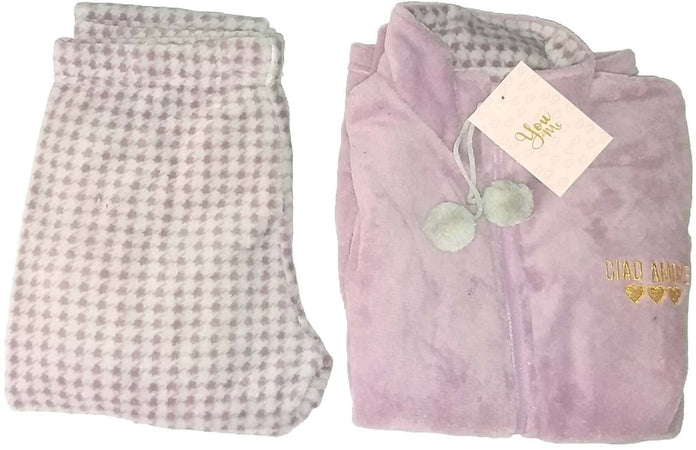 Pigiama Donna In Coral You&me Art. 285 In Pile Con Zip A Due Pezzi Lilla/grigio Perla Grigio Perla/ Nero Invernale Traspirante E Confortevole