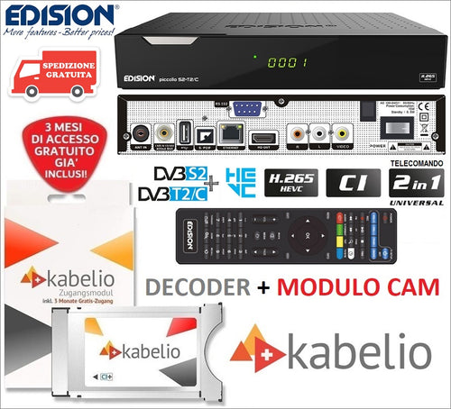 Edision Piccollo S2+T2/C H.265 Combo e MODULO CAM CI+ KABELIO con 3 mesi di accesso gratuito