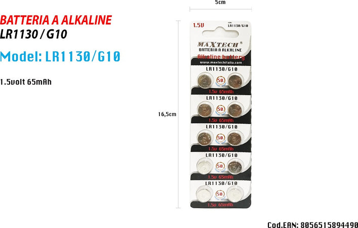 Pile Alkaline Lr1130/g10 1.5v Batterie Bottone 65mah Telecomandi Orologi Maxtech Casa, arredamento e bricolage > Materiale Elettrico > Batterie e Pile Trade Shop italia - Napoli, Commerciovirtuoso.it