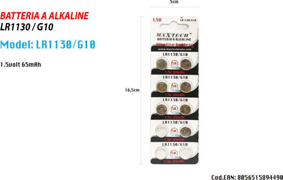 Pile-Alkaline-Lr1130/g10-1.5v-Batterie-Bottone-65mah-Telecomandi-Orologi-Maxtech