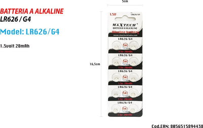Pile Batteria Alkaline Lr626/g4 1.5v 28mah A Bottone Orologi Telecomandi Maxtech Casa, arredamento e bricolage > Materiale Elettrico > Batterie e Pile Trade Shop italia - Napoli, Commerciovirtuoso.it