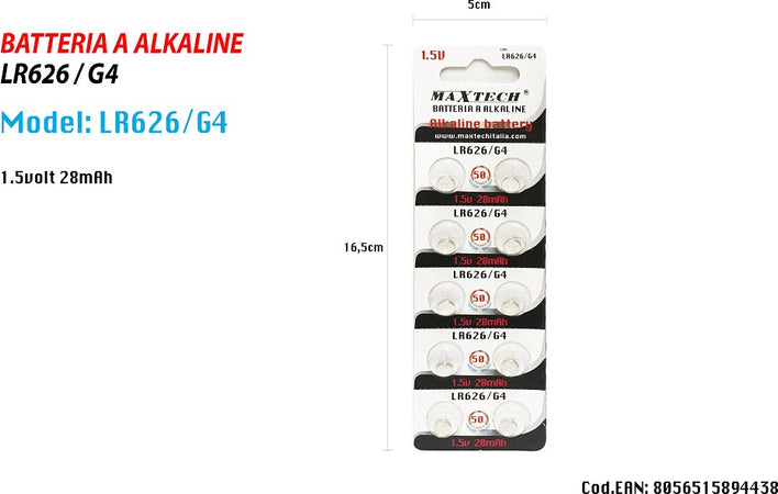 Pile Batteria Alkaline Lr626/g4 1.5v 28mah A Bottone Orologi Telecomandi Maxtech Casa, arredamento e bricolage > Materiale Elettrico > Batterie e Pile Trade Shop italia - Napoli, Commerciovirtuoso.it